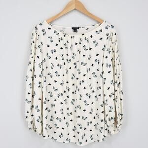 NWT Ann Taylor Pleated Shoulder 3/4 Sleeve Floral Blouse In Blue Cream Size XL